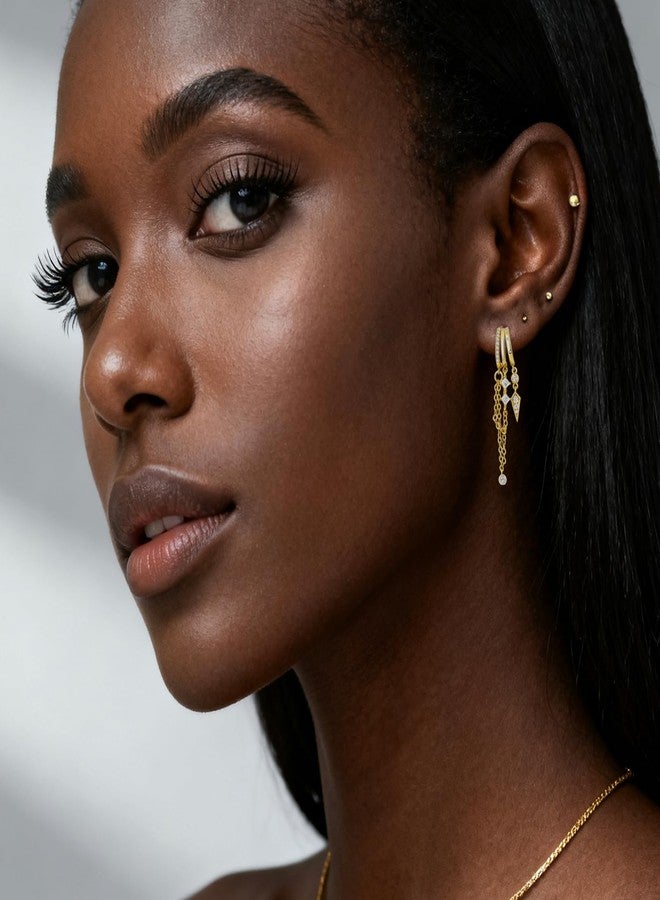 Nylry Gold Earrings for Women Dangle Chain Hoop Earrings that Look Like Multiple Piercings Unique Triple Hoop Earring for Women Trendy Illusion Stud Earring Hypoallergenic Dainty Gold Jewelry-Long - Image 3